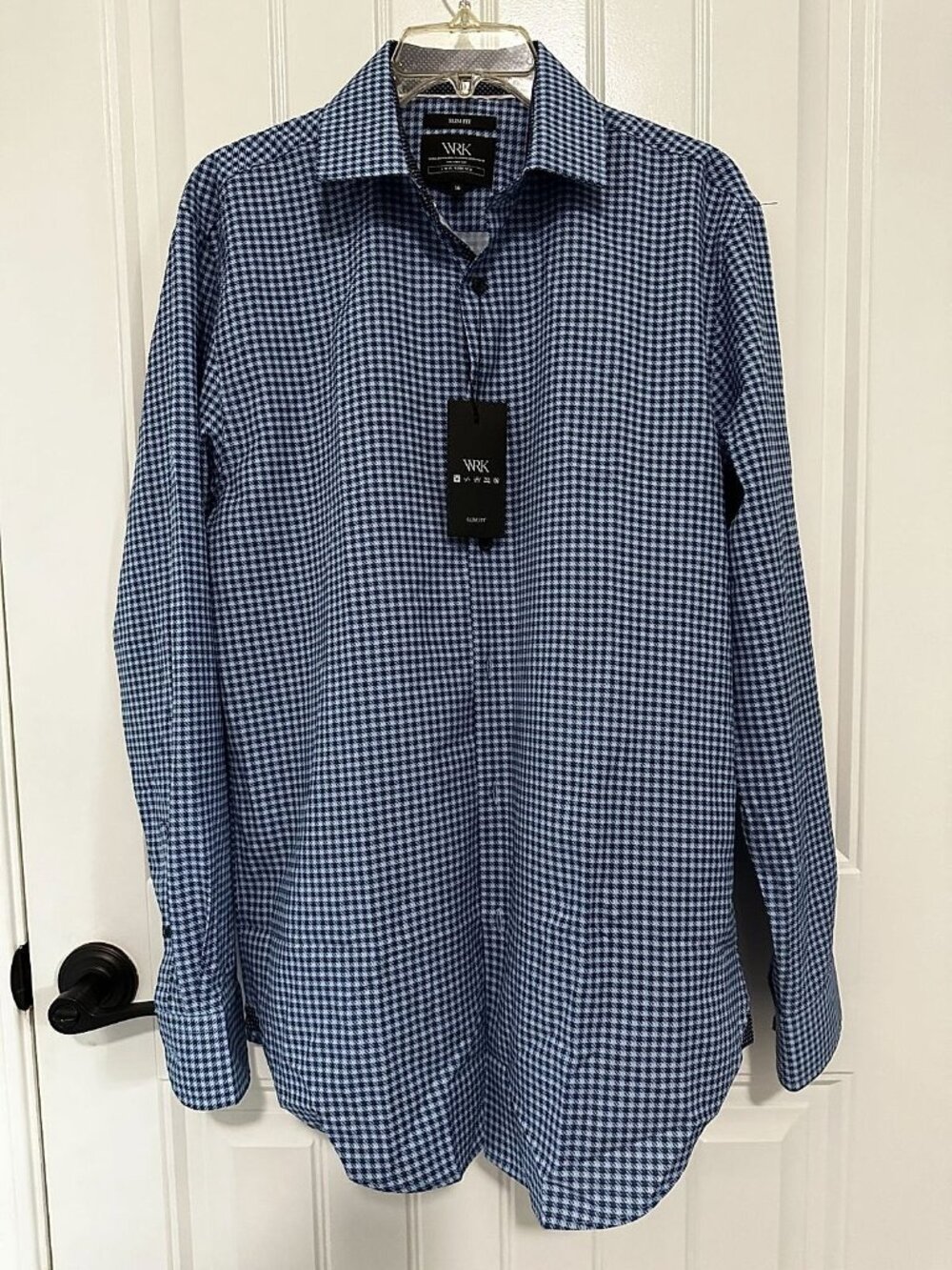 WRK NY Men's Long Sleeve Houndstooth Dress Shirt, Navy/Light Blue, Slim Fit 4-Wa